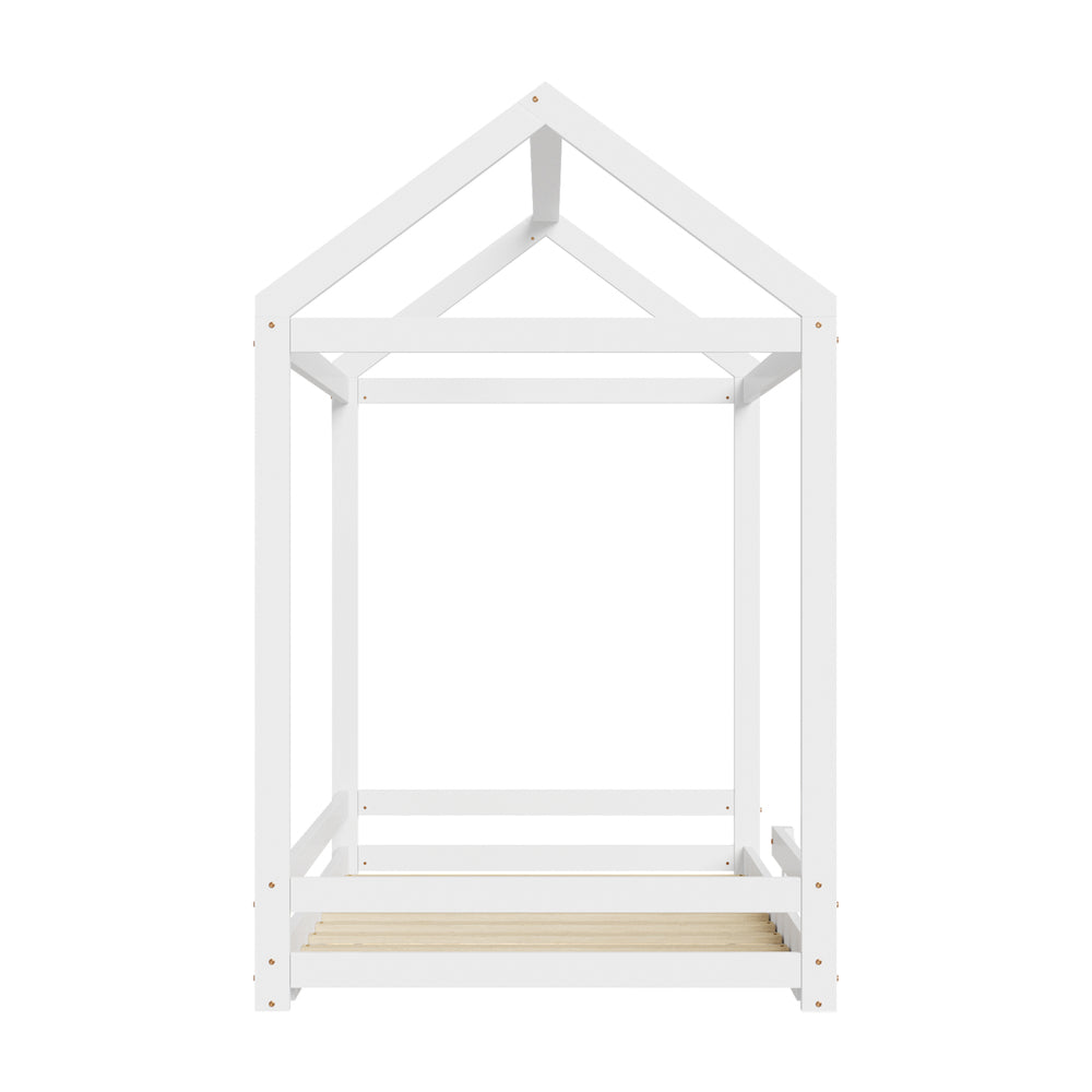 Oikiture Kids Wooden Bed Frame House Frame Timber with Fence Single White