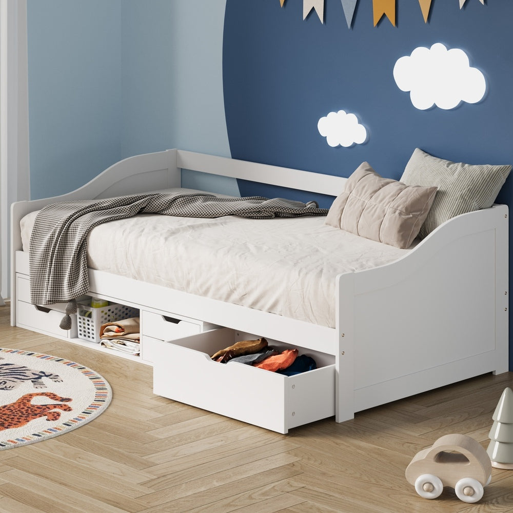 Oikiture Single Kids Bed Frame with Trundle Storage Drawers Timber White