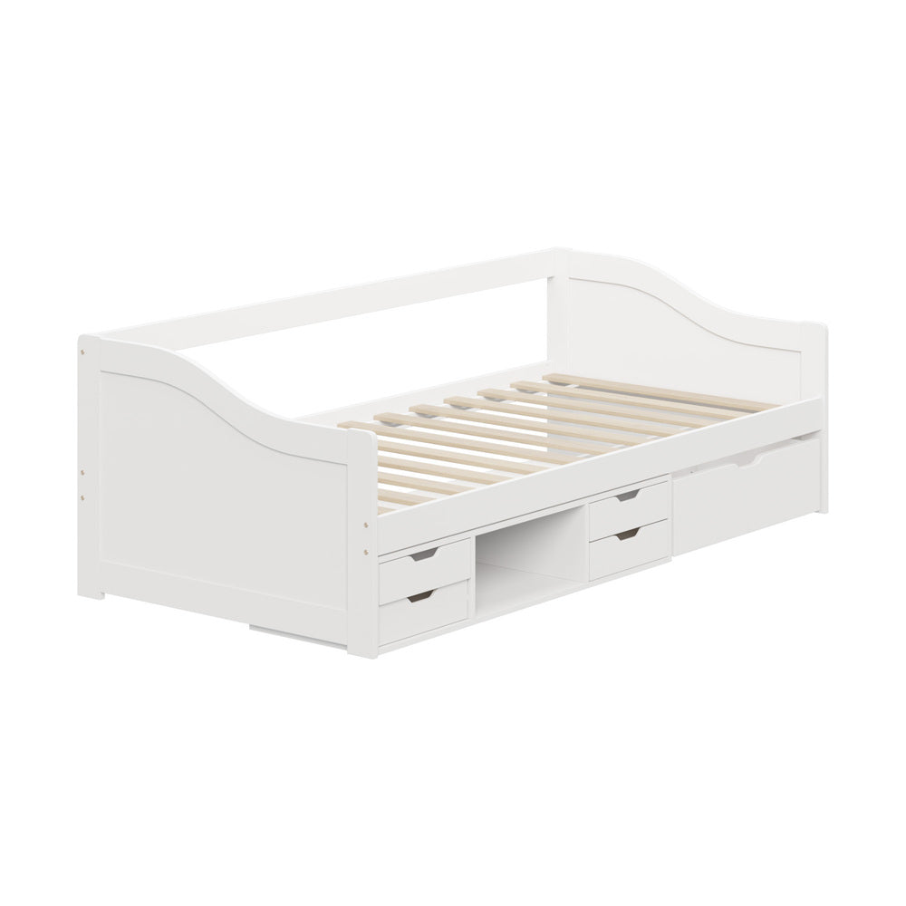 Oikiture Single Kids Bed Frame with Trundle Storage Drawers Timber White