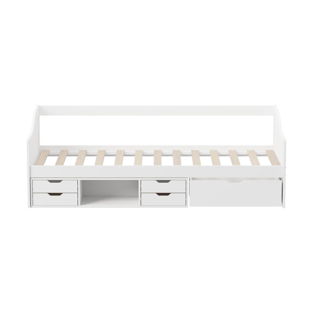 Oikiture Single Kids Bed Frame with Trundle Storage Drawers Timber White