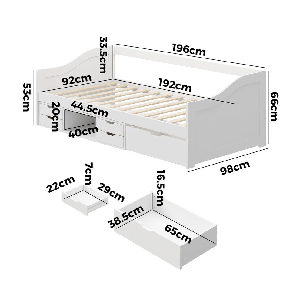 Oikiture Single Kids Bed Frame with Trundle Storage Drawers Timber White