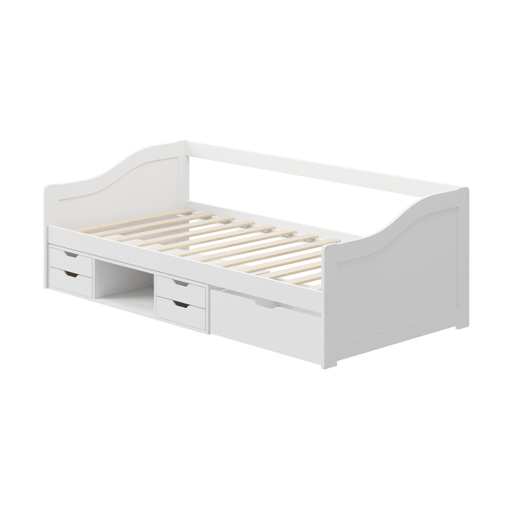 Oikiture Single Kids Bed Frame with Trundle Storage Drawers Timber White