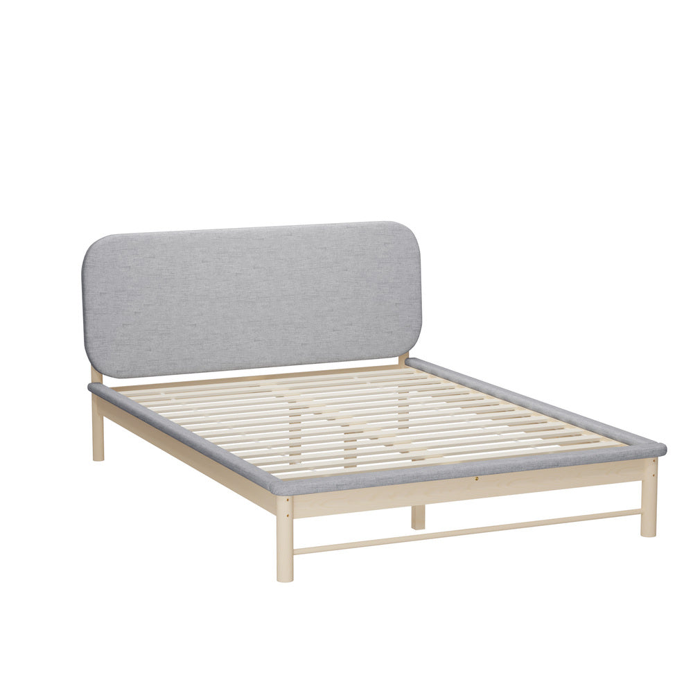 Oikiture Wooden Bed Frame with Padded Fabric Edges Headboard Queen Size
