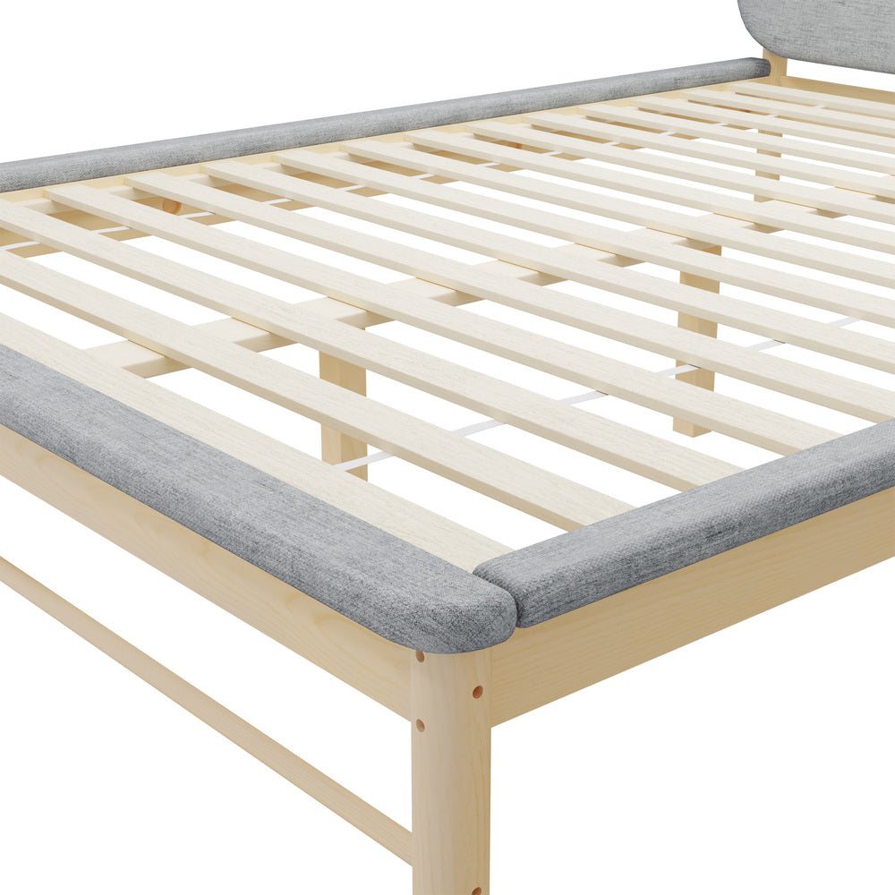 Oikiture Wooden Bed Frame with Padded Fabric Edges Headboard Queen Size