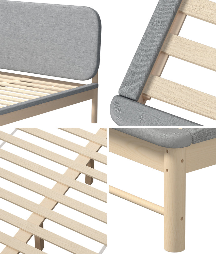 Oikiture Wooden Bed Frame with Padded Fabric Edges Headboard Queen Size