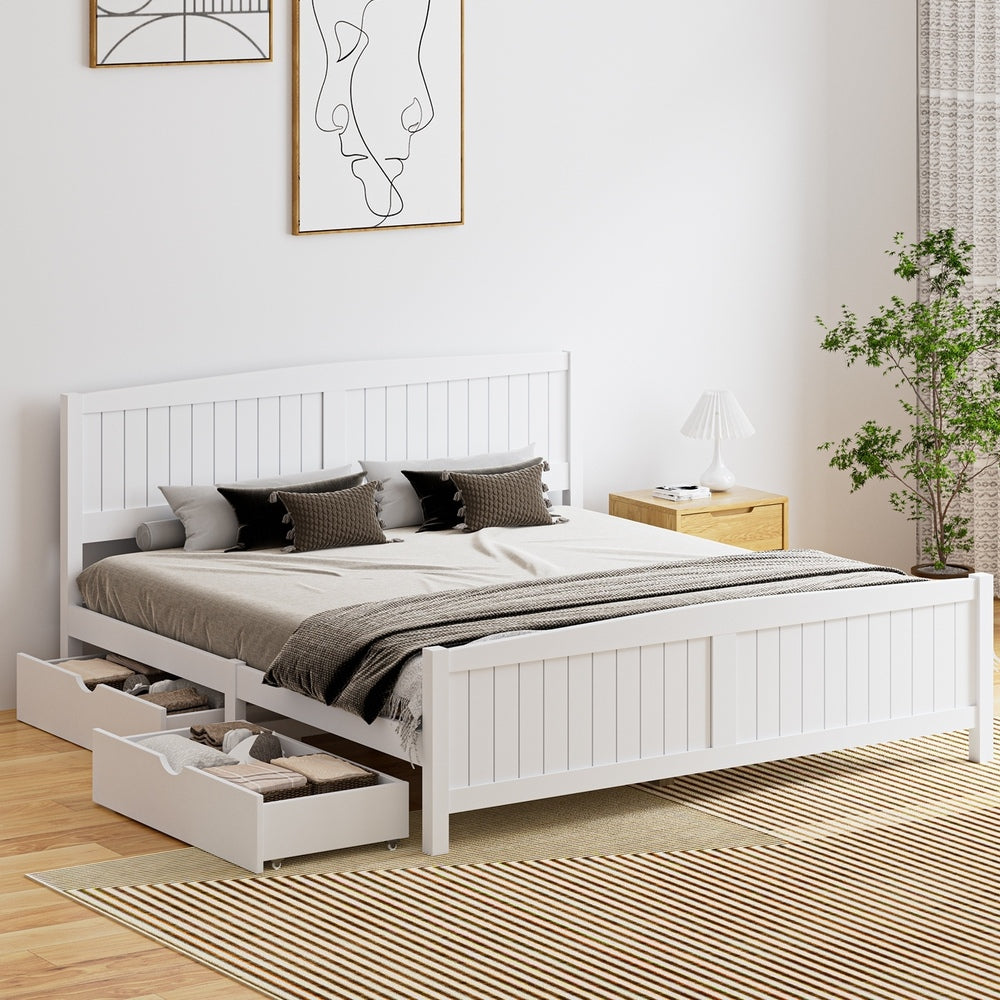 Oikiture Wooden Bed Frame King Size with Trundle Drawers White