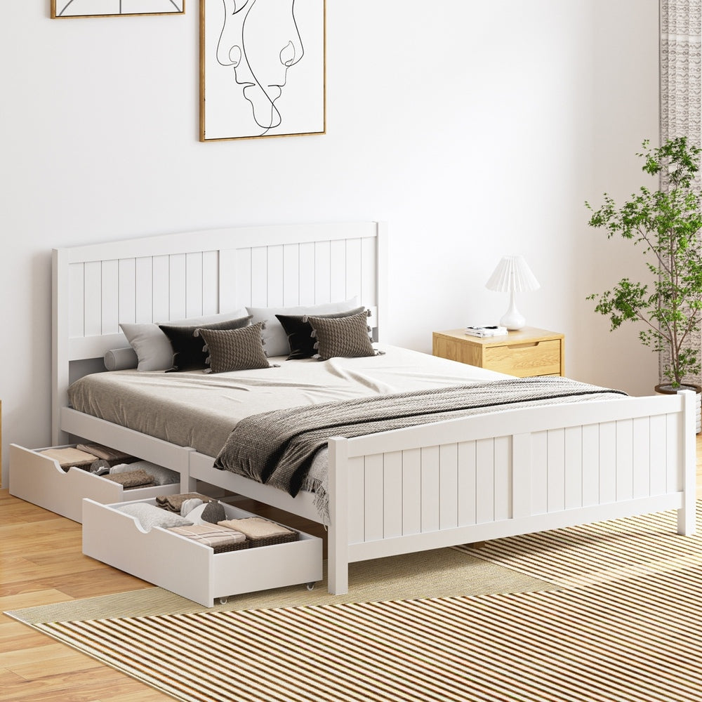 Oikiture Wooden Bed Frame Queen Size with Trundle Drawers White