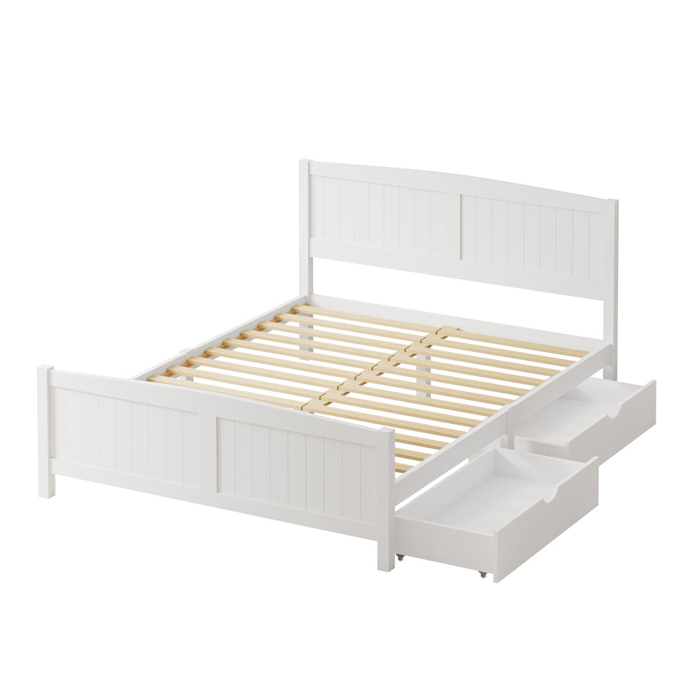 Oikiture Wooden Bed Frame Queen Size with Trundle Drawers White