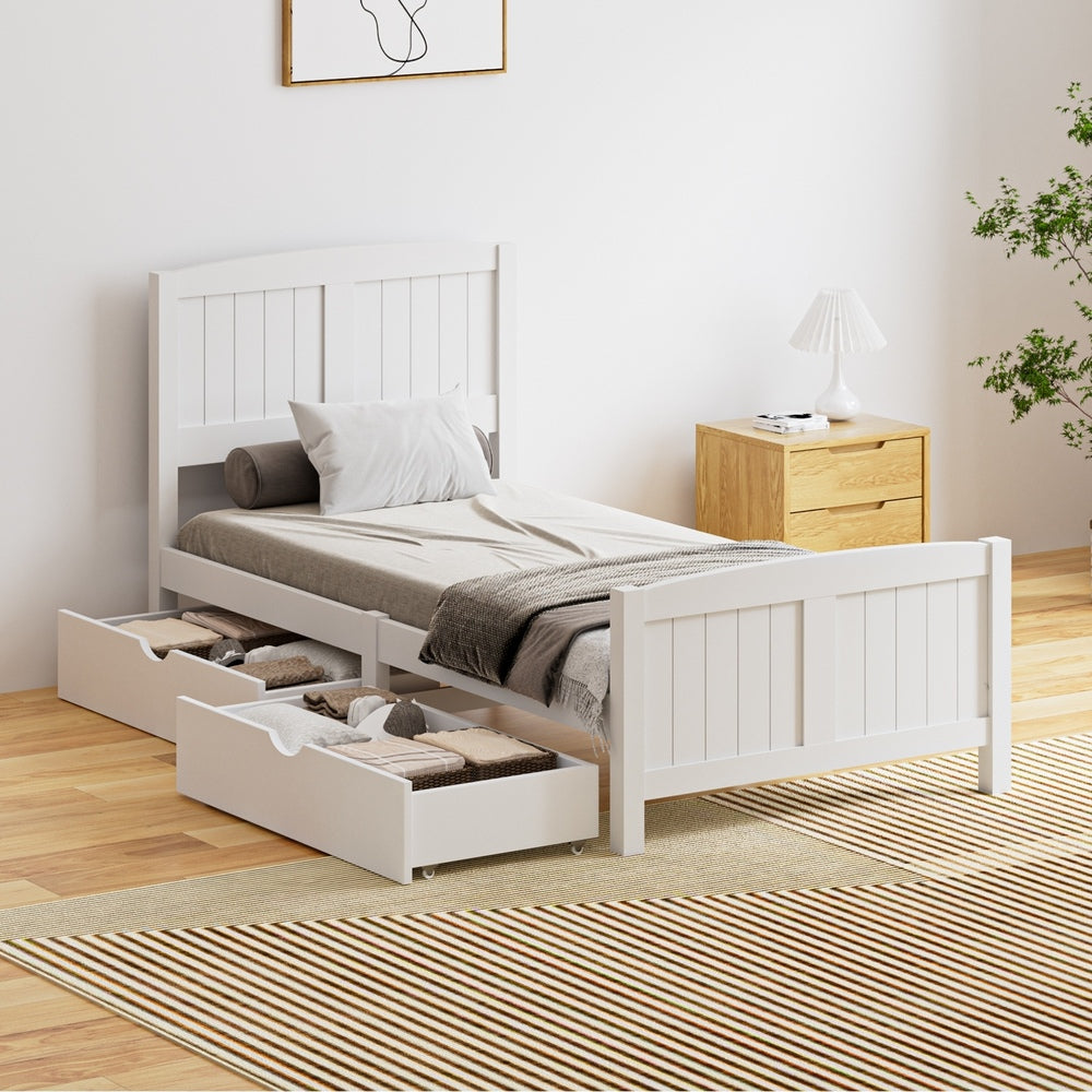 Oikiture Wooden Bed Frame Single Size with Trundle Drawers White