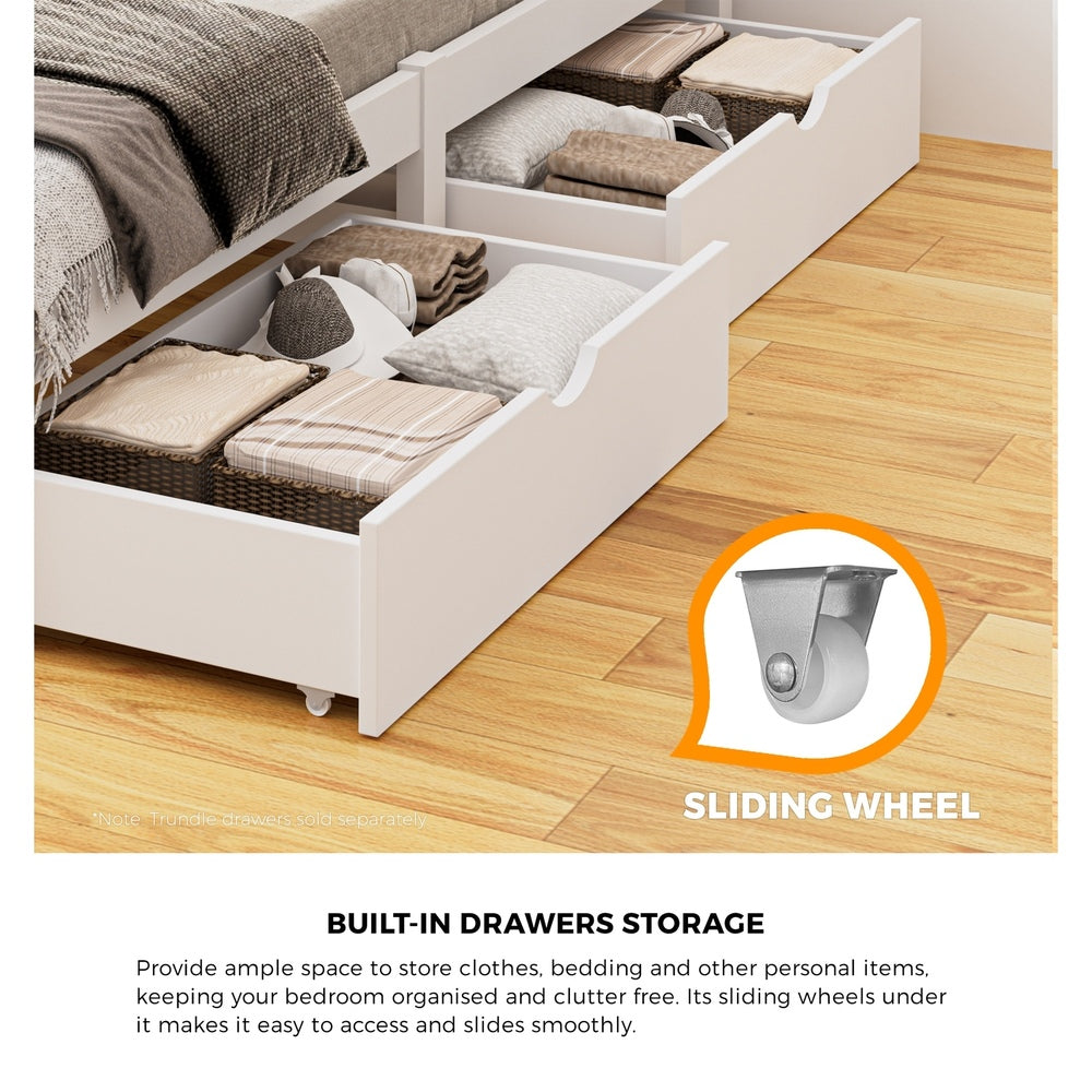 Oikiture Wooden Bed Frame Single Size with Trundle Drawers White