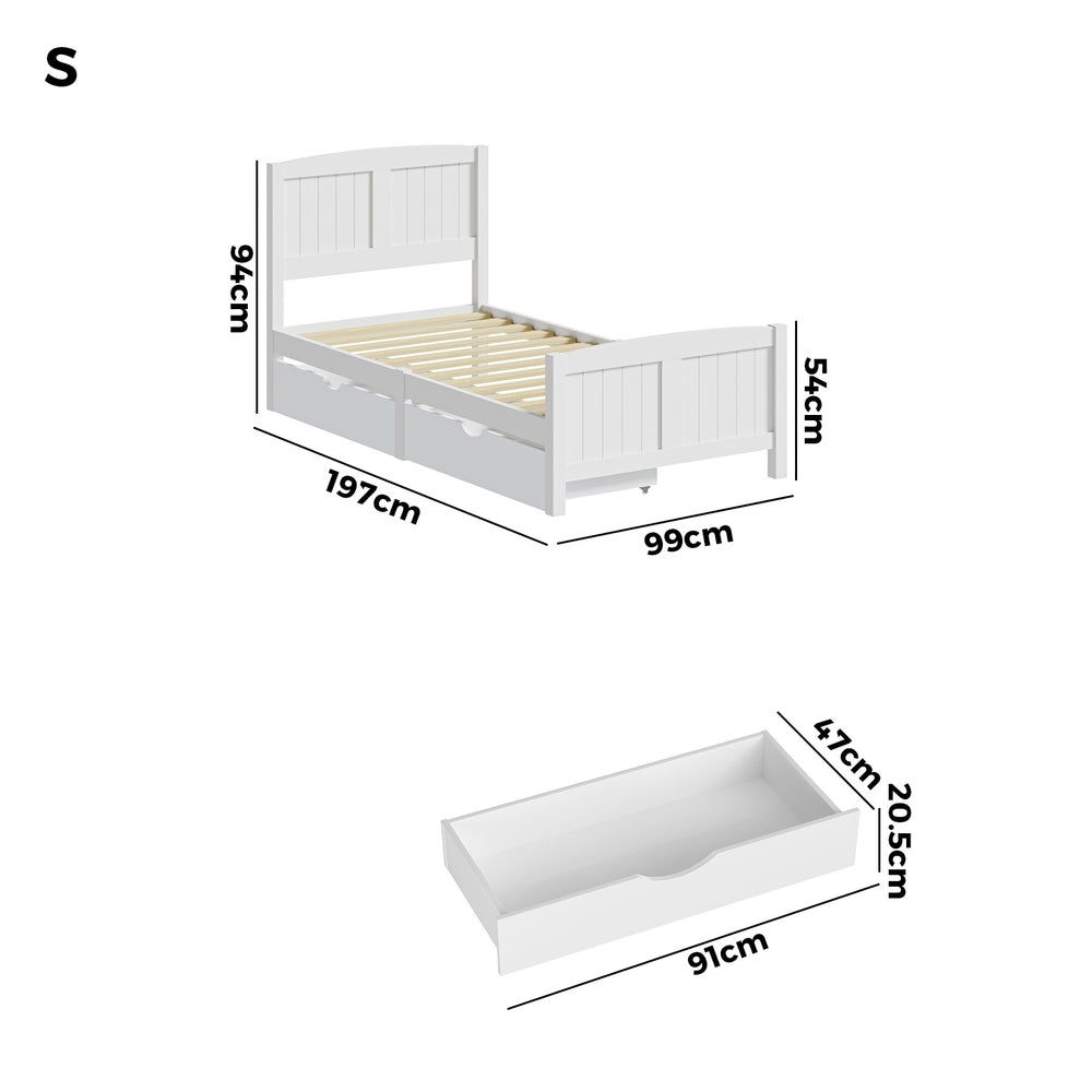 Oikiture Wooden Bed Frame Single Size with Trundle Drawers White