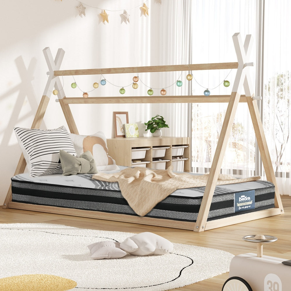 Oikiture King Single Kids Bed Frame Mattress Set Wooden Teepee House Beds