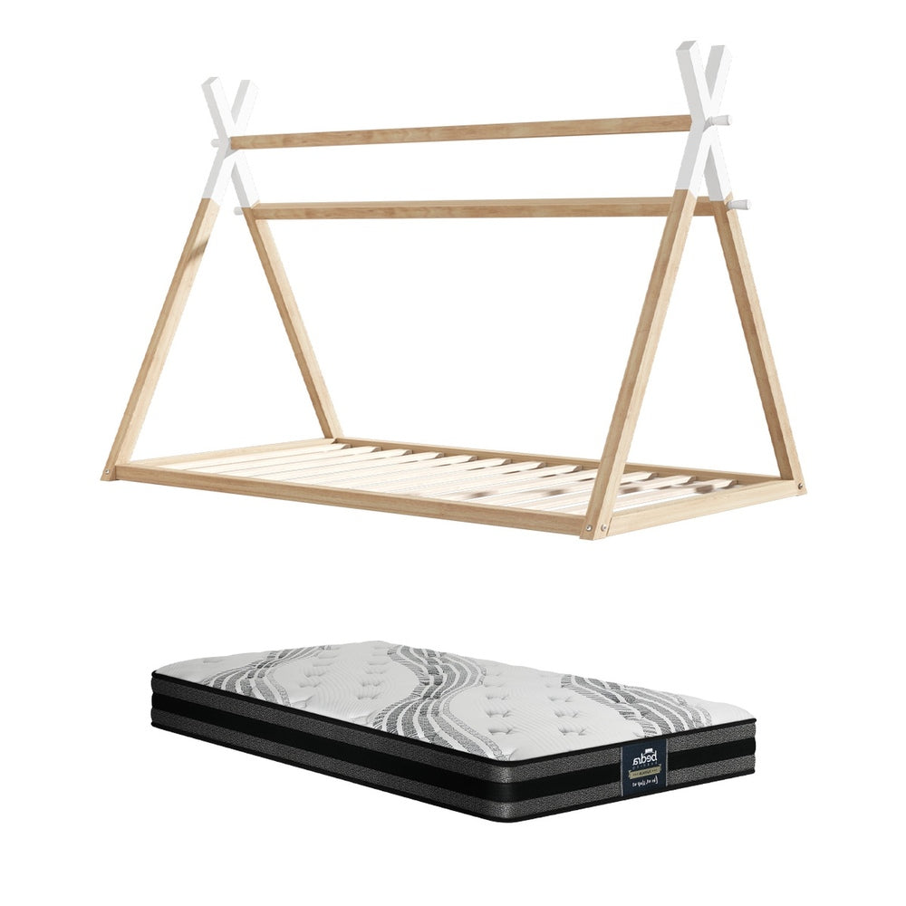 Oikiture King Single Kids Bed Frame Mattress Set Wooden Teepee House Beds