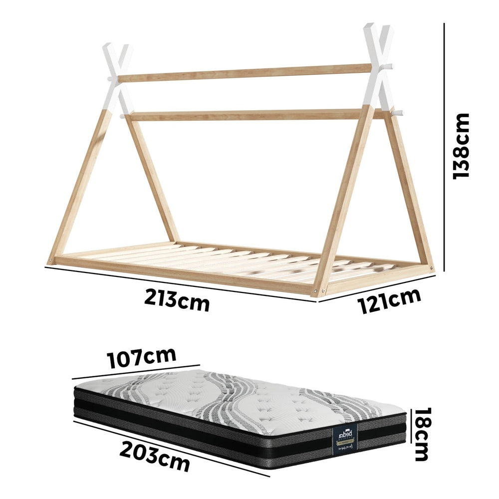 Oikiture King Single Kids Bed Frame Mattress Set Wooden Teepee House Beds