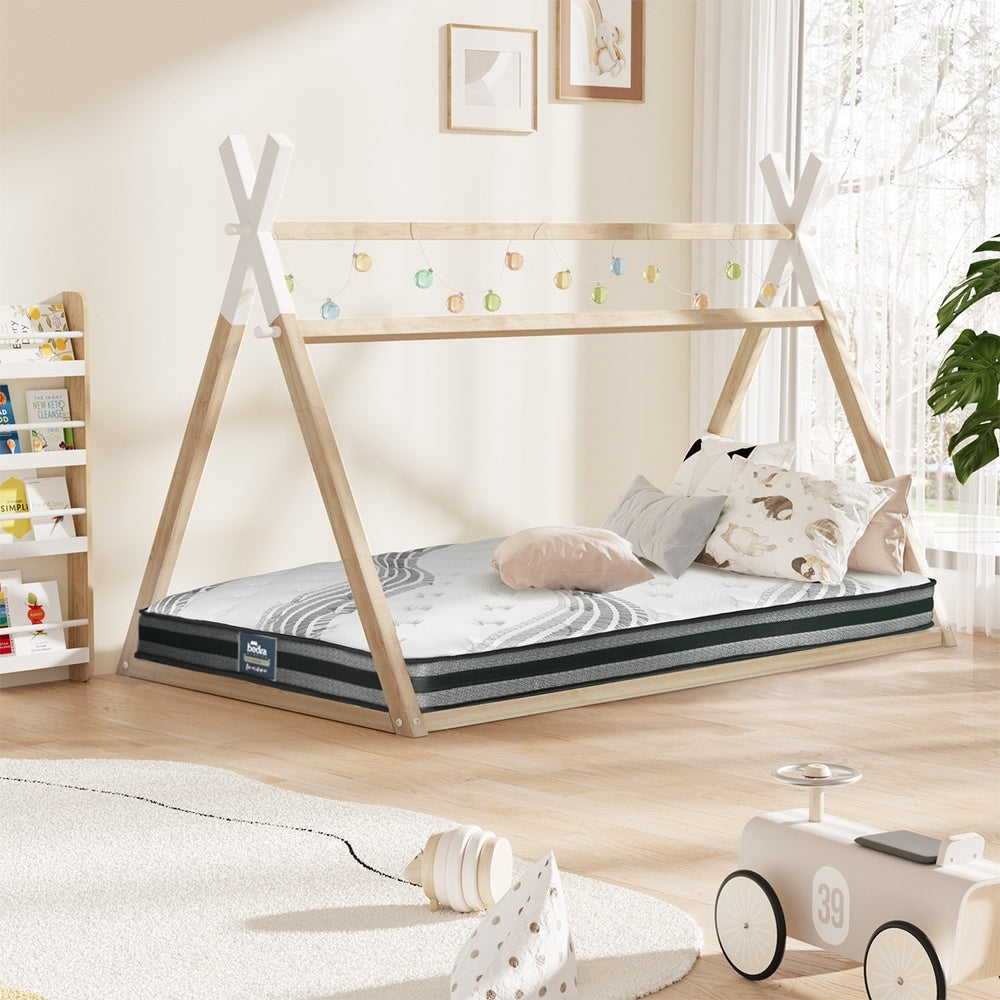 Oikiture King Single Kids Bed Frame Mattress Set Wooden Teepee House Beds