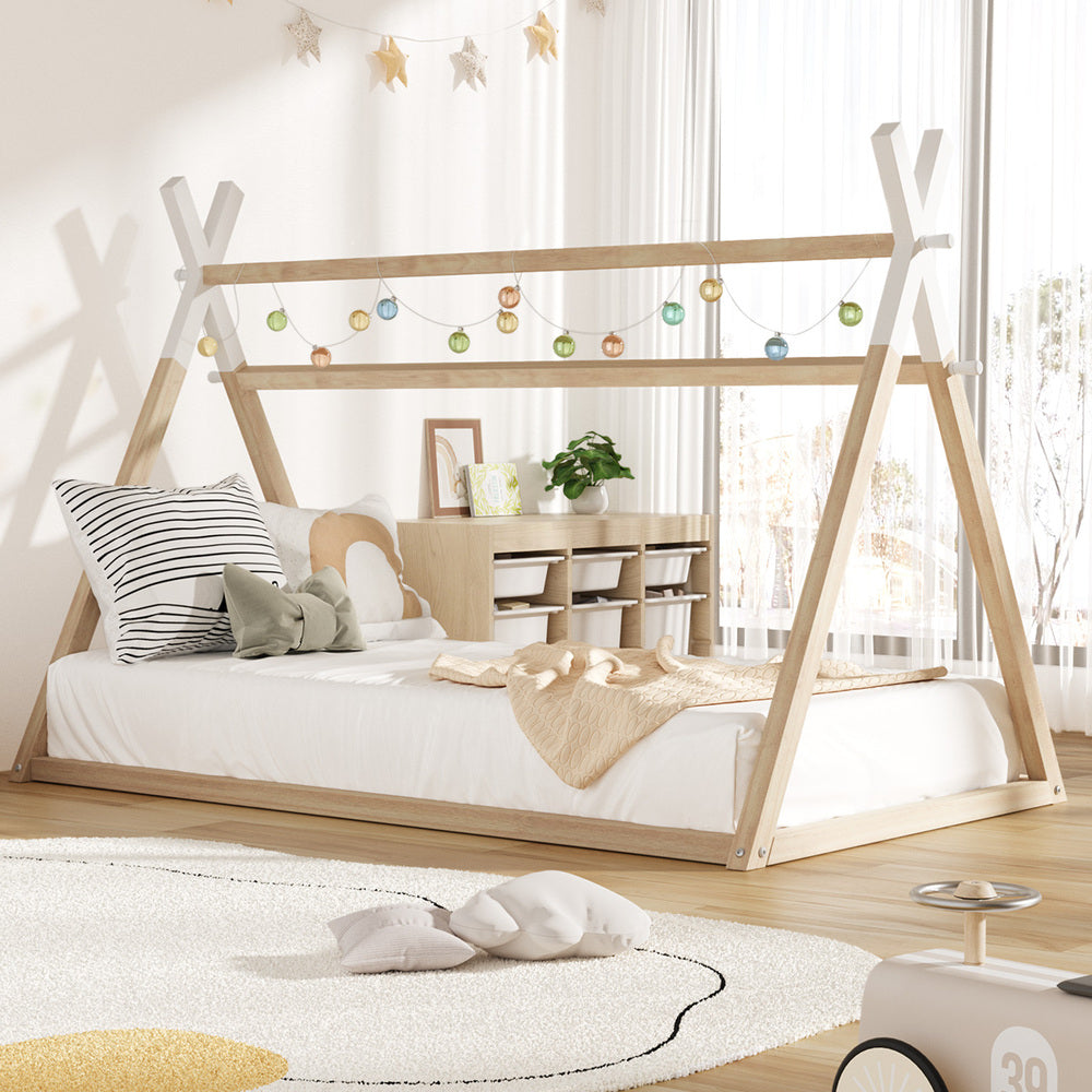 Oikiture Kids Bed Frame Wooden King Single Teepee House