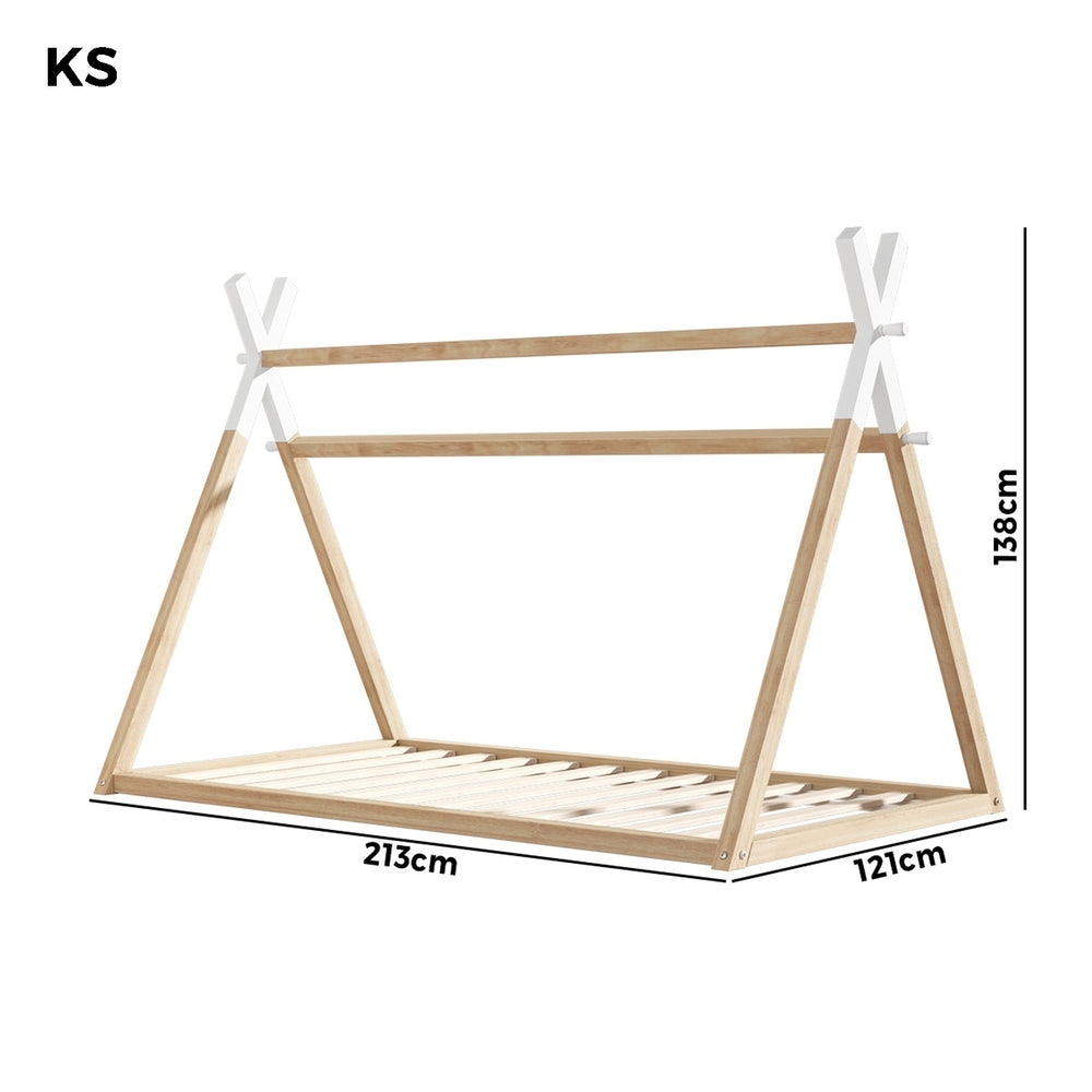 Oikiture Kids Bed Frame Wooden King Single Teepee House