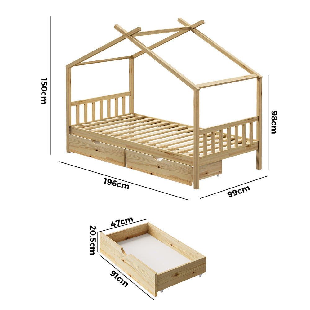 Oikiture House Bed Frame Wooden Single Size with Drawers