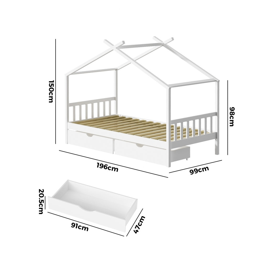Oikiture Bed Frame Wooden Single House Frame with Drawers White