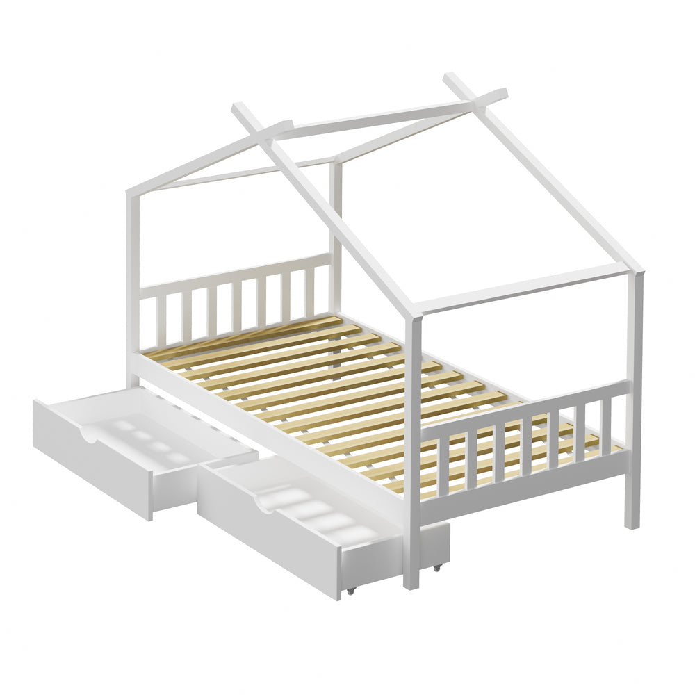 Oikiture Bed Frame Wooden Single House Frame with Drawers White