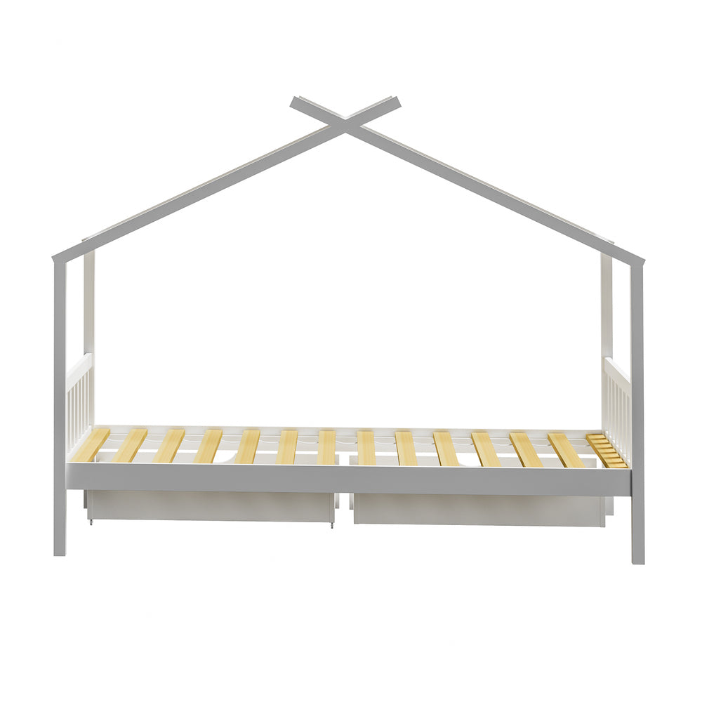 Oikiture Bed Frame Wooden Single House Frame with Drawers White