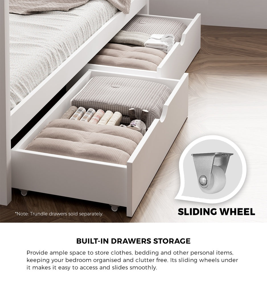 Oikiture Bed Frame Wooden Single House Frame with Drawers White