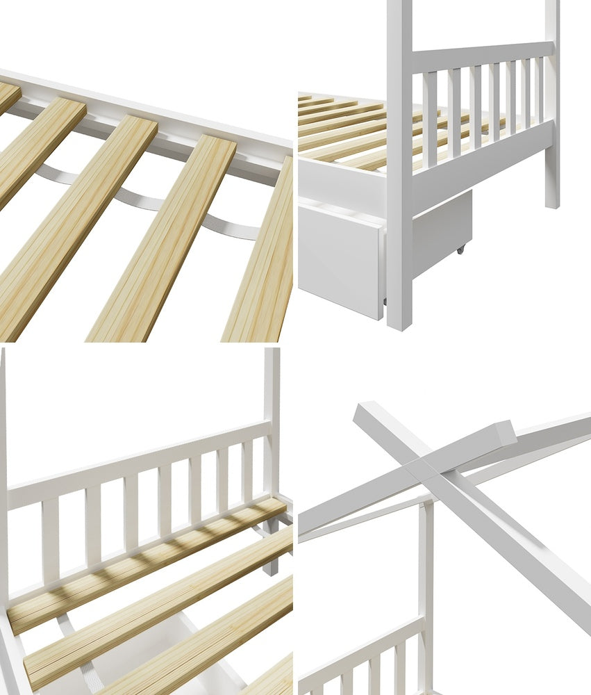 Oikiture Bed Frame Wooden Single House Frame with Drawers White
