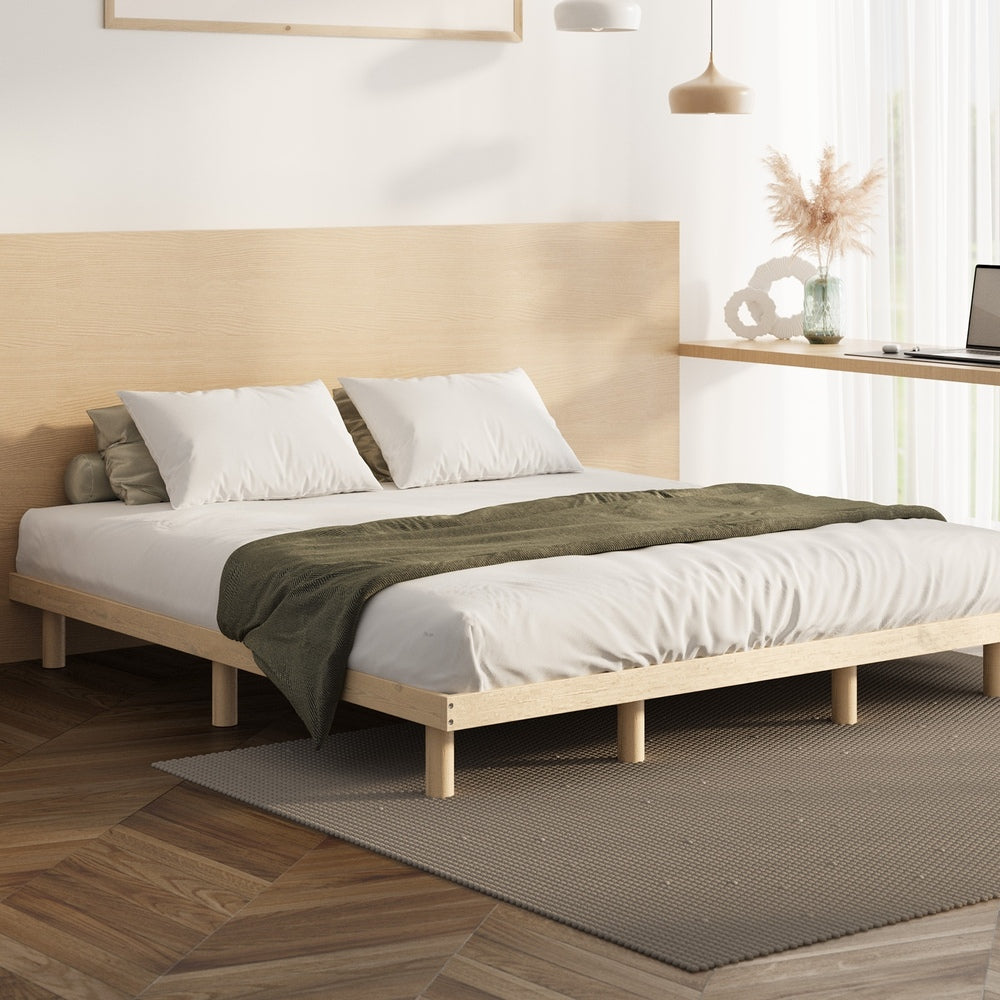 Oikiture Bed Frame King Size Bed Base Solid Wood Slats