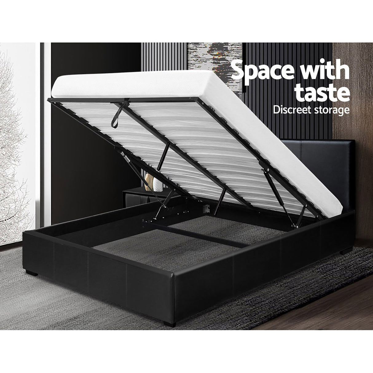 Artiss Bed Frame Queen Size Gas Lift Black NINO