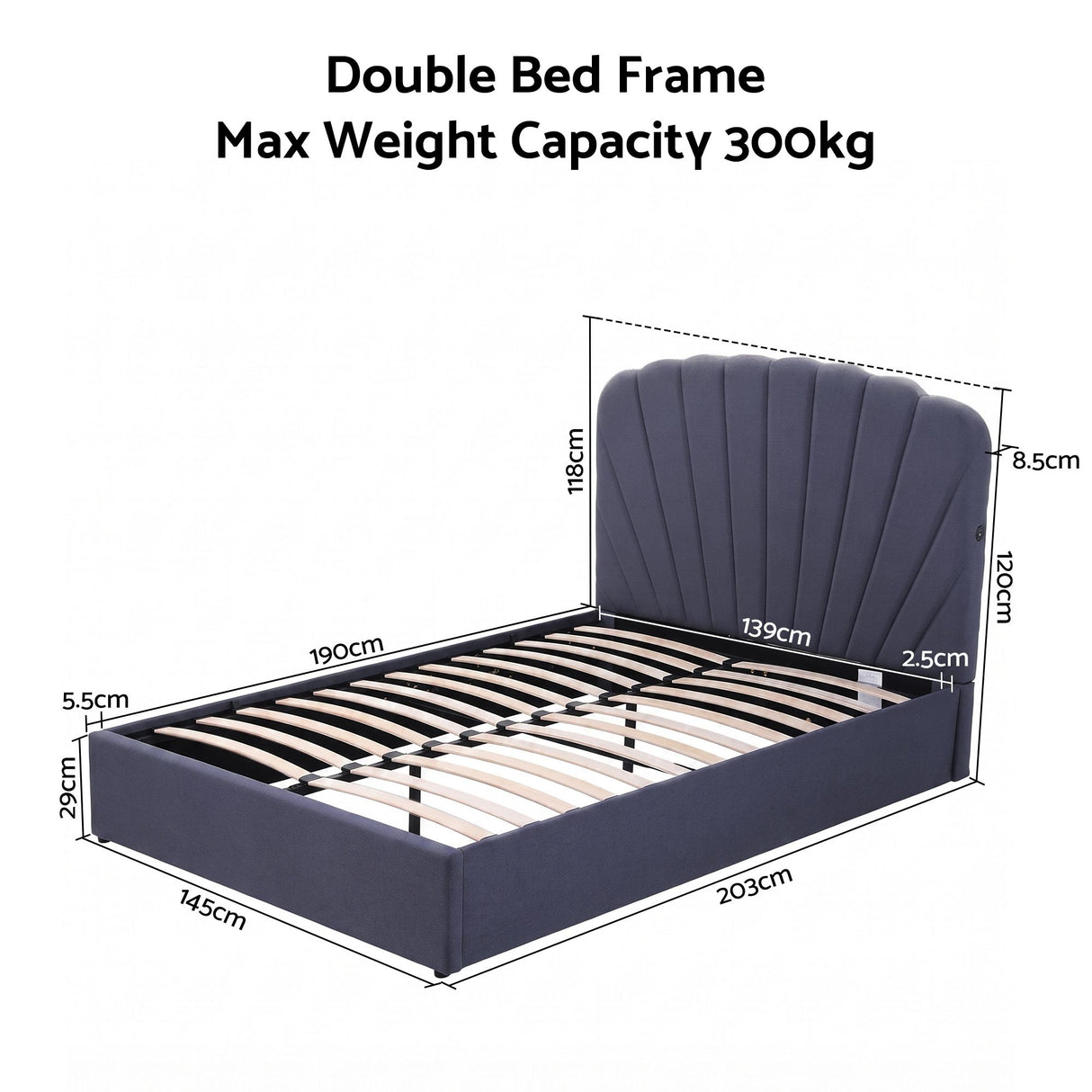 Artiss Double Bed Frame with Lift Up Storage and USB Ports Grey