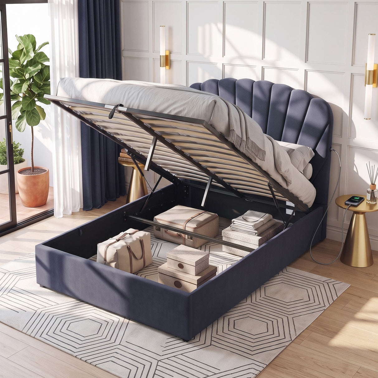Artiss Double Bed Frame with Lift Up Storage and USB Ports Grey