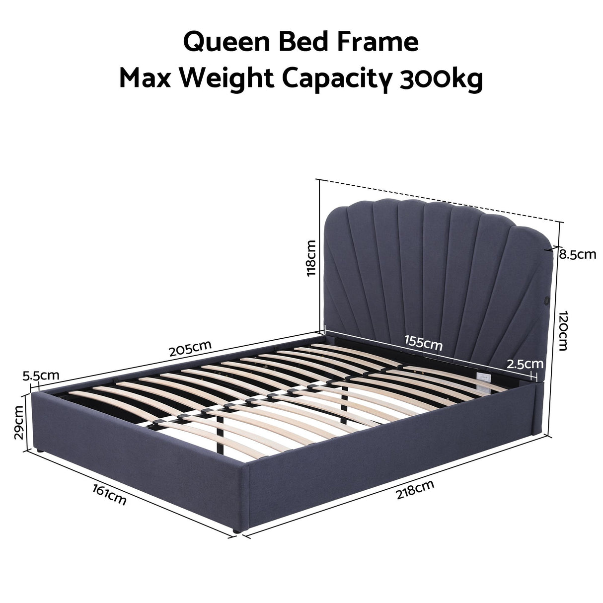 Artiss Queen Bed Frame with Lift Up Storage and USB Ports Grey