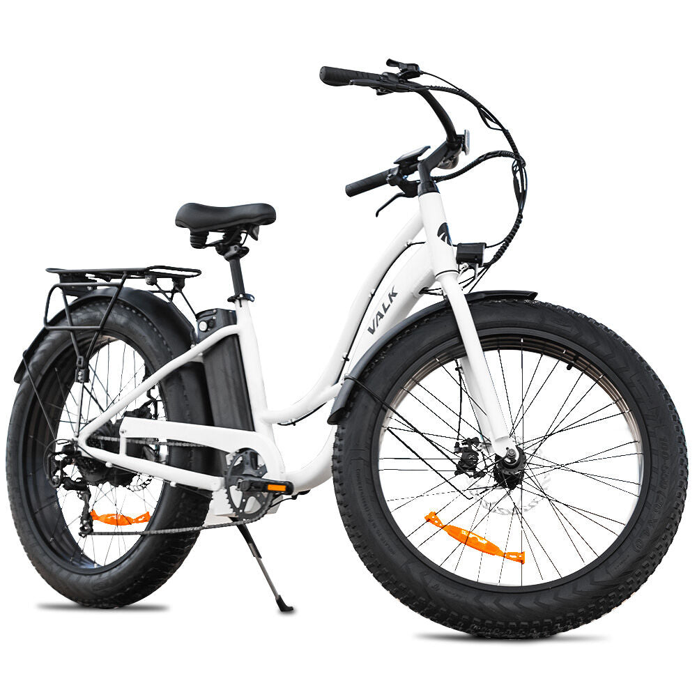 VALK Electric Fat Tyre Cruiser Bike, Step-Through eBike with Throttle, Tektro Hydraulic Brakes, White