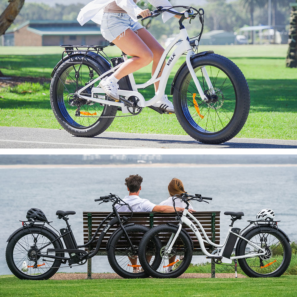 VALK Electric Fat Tyre Cruiser Bike, Step-Through eBike with Throttle, Tektro Hydraulic Brakes, White