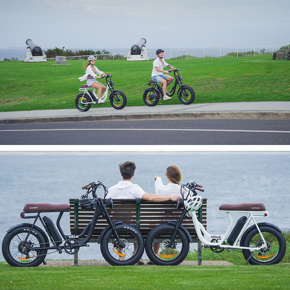 VALK Nomad Electric Fat Tyre Bike, 350W, 32km/hr, Throttle ebike, Disc Brakes, Step-Through Alloy, Shimano 7 spd, 20x4' Kenda Tyres, Suspension, Black
