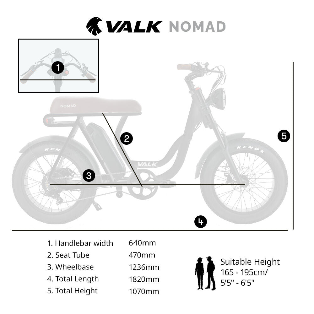 VALK Nomad Electric Fat Tyre Bike, 350W, 32km/hr, Throttle ebike, Disc Brakes, Step-Through Alloy, Shimano 7 spd, 20x4' Kenda Tyres, Suspension, Black