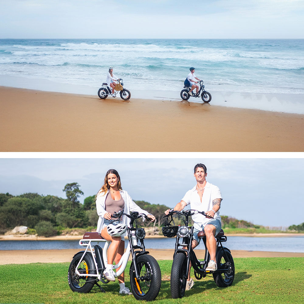 VALK Nomad Electric Fat Tyre Bike, 350W, 32km/hr, Throttle ebike, Disc Brakes, Step-Through Alloy, Shimano 7 spd, 20x4' Kenda Tyres, Suspension, Black