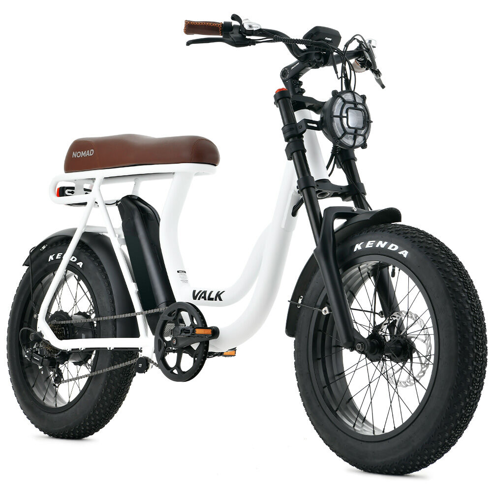 VALK Nomad Electric Fat Tyre Bike, 350W, 32km/hr, Throttle ebike, Disc Brakes, Step-Through Alloy, Shimano 7 spd, 20x4' Kenda Tyres, Suspension, White