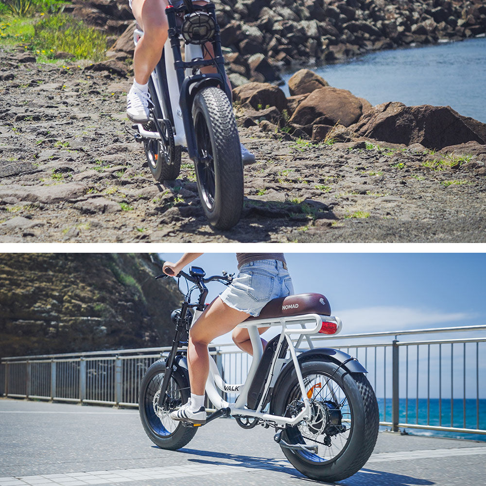 VALK Nomad Electric Fat Tyre Bike, 350W, 32km/hr, Throttle ebike, Disc Brakes, Step-Through Alloy, Shimano 7 spd, 20x4' Kenda Tyres, Suspension, White