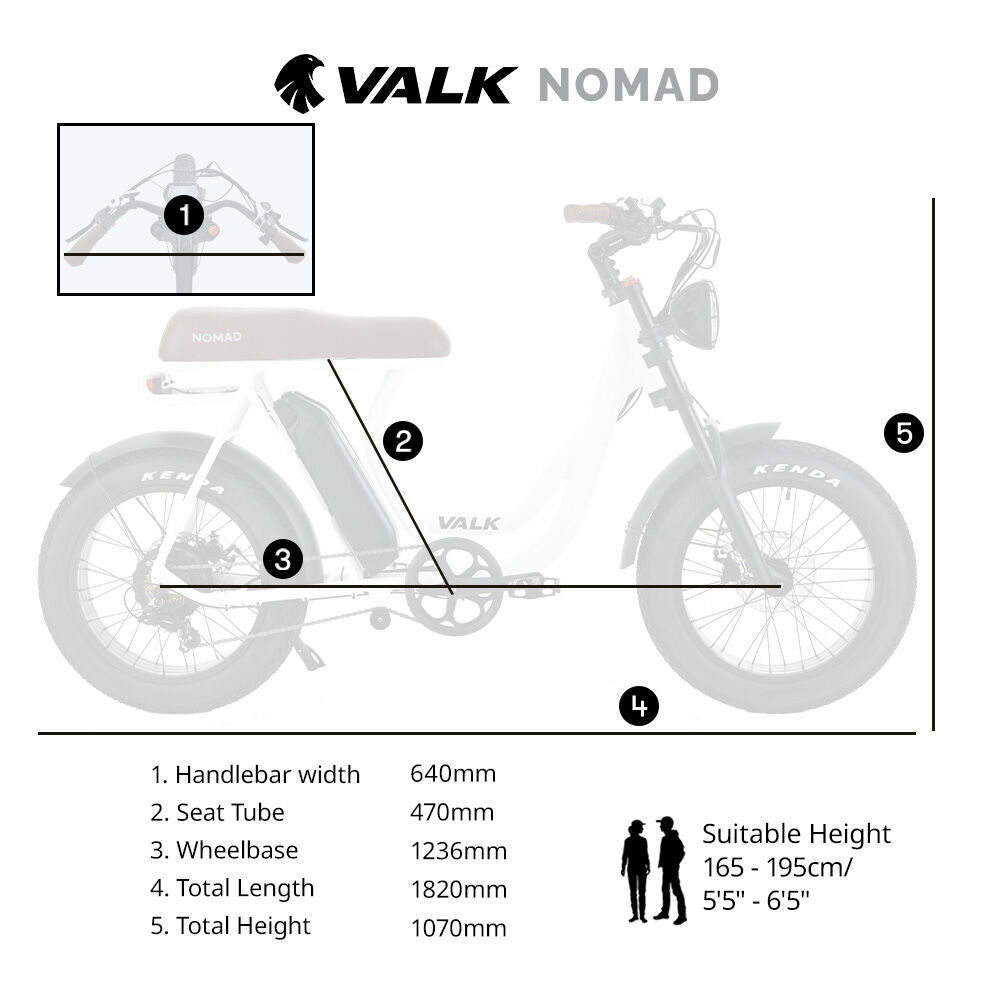 VALK Nomad Electric Fat Tyre Bike, 350W, 32km/hr, Throttle ebike, Disc Brakes, Step-Through Alloy, Shimano 7 spd, 20x4' Kenda Tyres, Suspension, White
