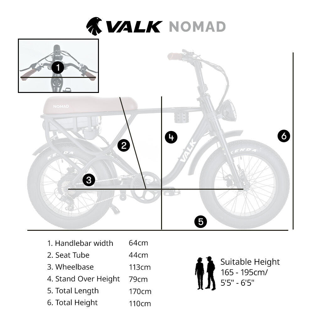 VALK Nomad Electric Fat Tyre Bike, 500W, 45km/hr, Throttle ebike, 20x4' Kenda Tyres, Shimano 7 spd, Suspension, Black