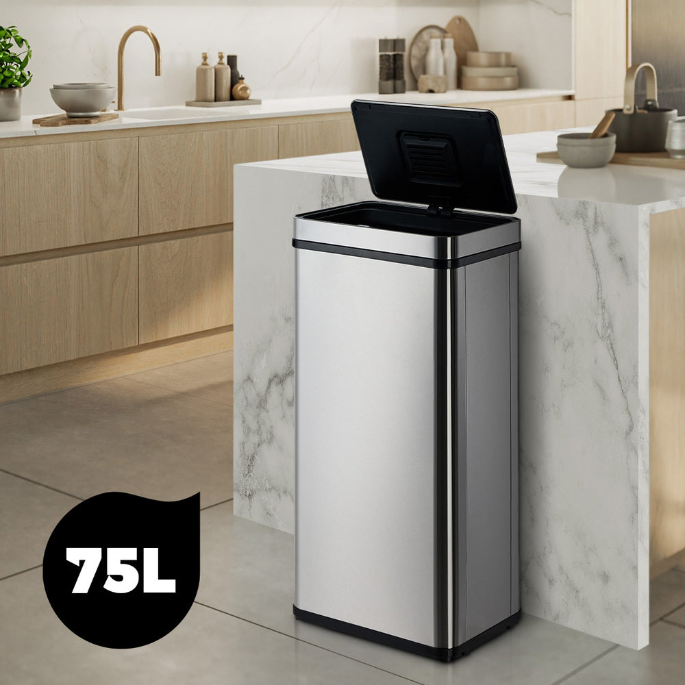 Oikiture 75L Motion Sensor Bin Automatic Rubbish Trash Can Silver