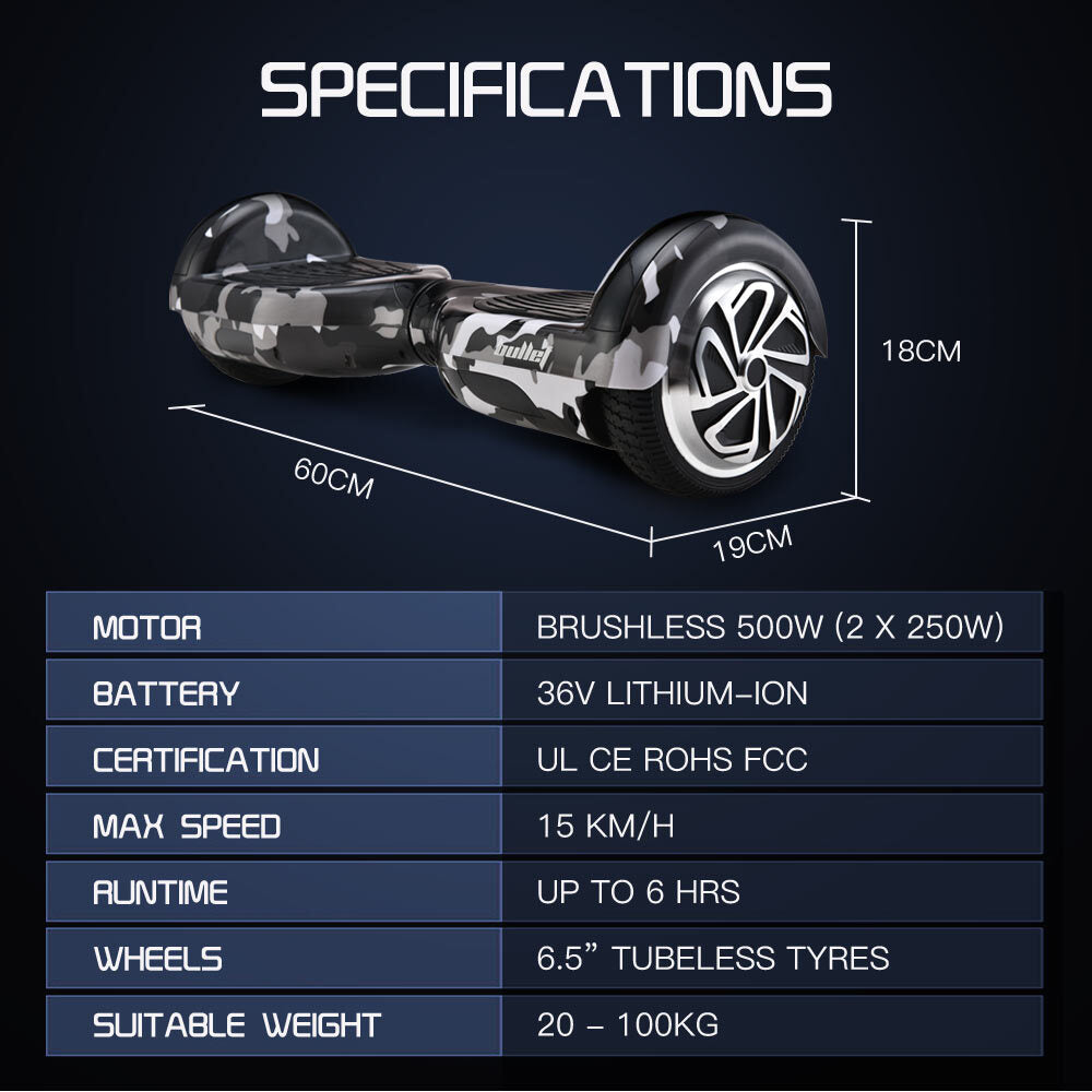 BULLET Gen III Hoverboard Scooter, Dual Copper Motors, UL Certified, AU Compliant, 6.5' Wheels, Superior Self Balancing System, LED Lights, Carry Bag, Camo Grey