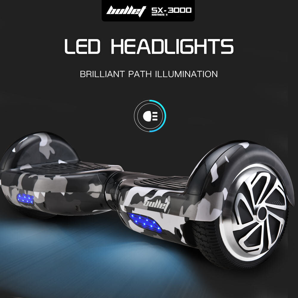 BULLET Gen III Hoverboard Scooter, Dual Copper Motors, UL Certified, AU Compliant, 6.5' Wheels, Superior Self Balancing System, LED Lights, Carry Bag, Camo Grey