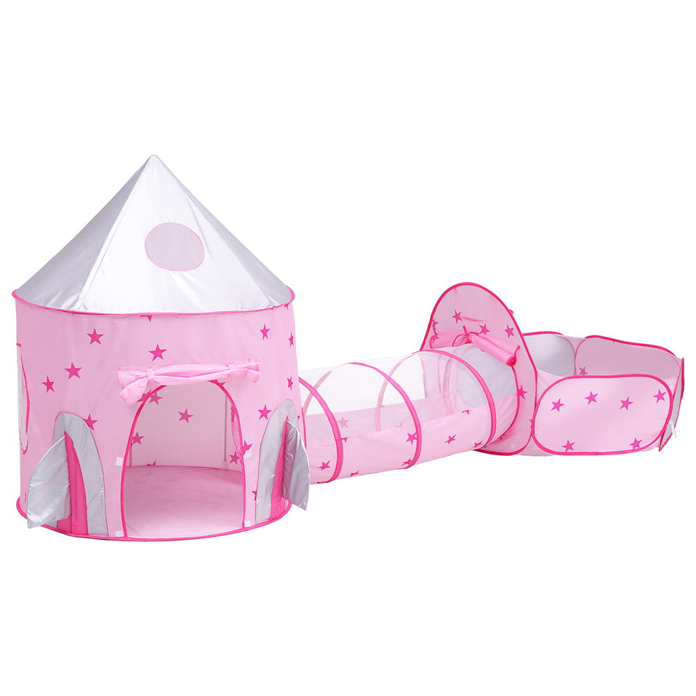 Keezi 3-in-1 Pink Kids Play Tent with Ball Pit, Crawl Tunnel, and Basketball Hoop
