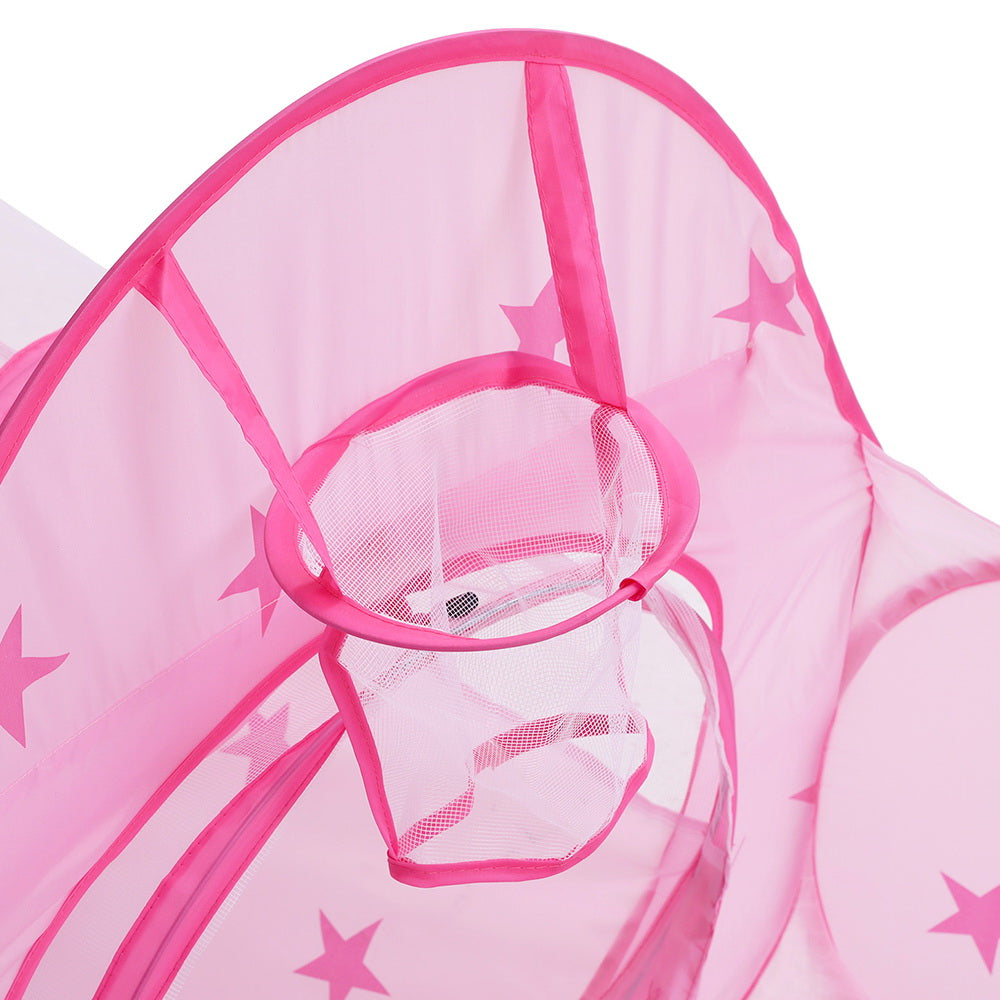 Keezi 3-in-1 Pink Kids Play Tent with Ball Pit, Crawl Tunnel, and Basketball Hoop