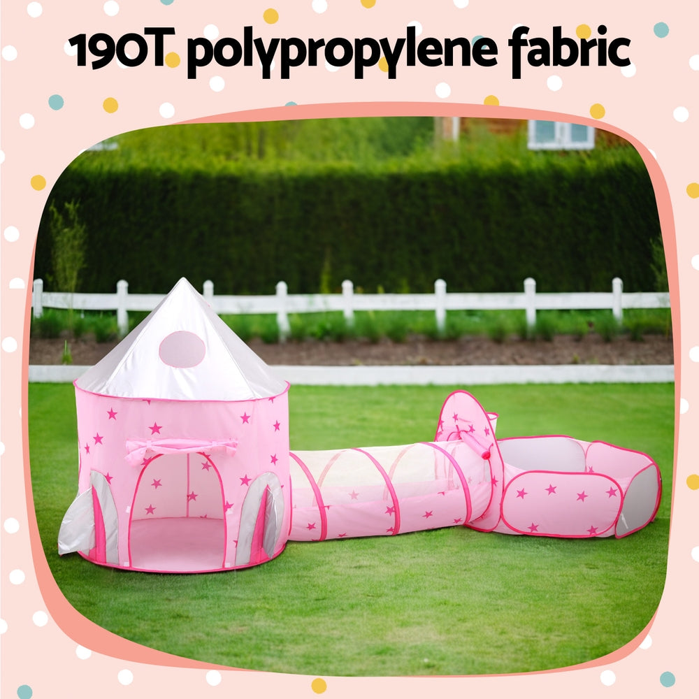 Keezi 3-in-1 Pink Kids Play Tent with Ball Pit, Crawl Tunnel, and Basketball Hoop