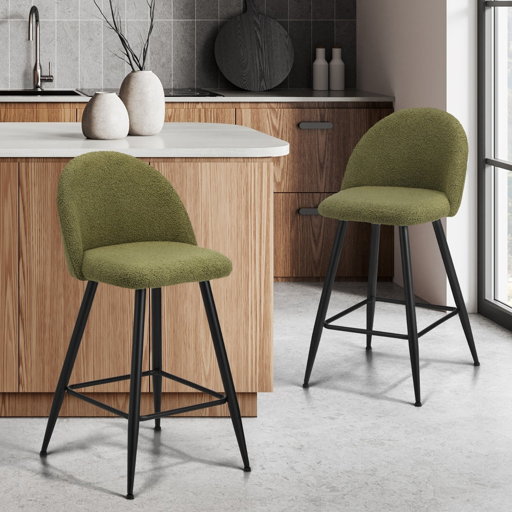 Oikiture 2x Bar Stools Kitchen Counter Stool Green Boucle Padded