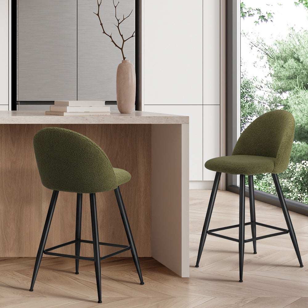 Oikiture 2x Bar Stools Kitchen Counter Stool Green Boucle Padded