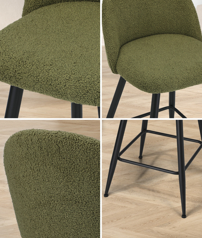 Oikiture 2x Bar Stools Kitchen Counter Stool Green Boucle Padded